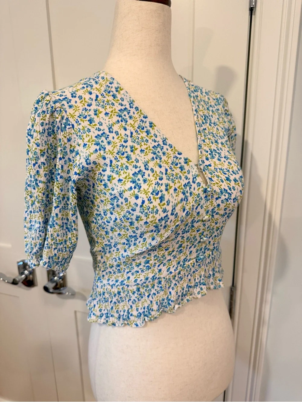 Faithfull the Brand Mona Blue and White Floral V-Neck Peplum Blouse